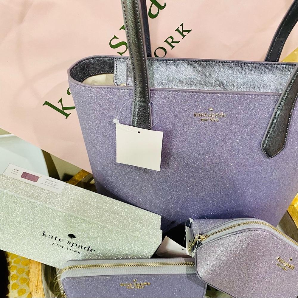 KATE SPADE TINSEL GLITTER TOTE WALLET AND COSMETIC BAG SET ONLY ONE LEFT! NWT - Picture 3 of 11